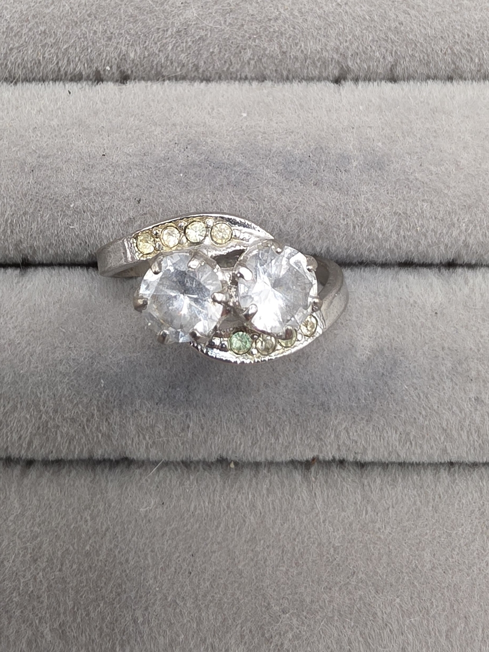 Silver-tone Double Stone Swirl Ring Size 8 with Clear and Light Green Accents